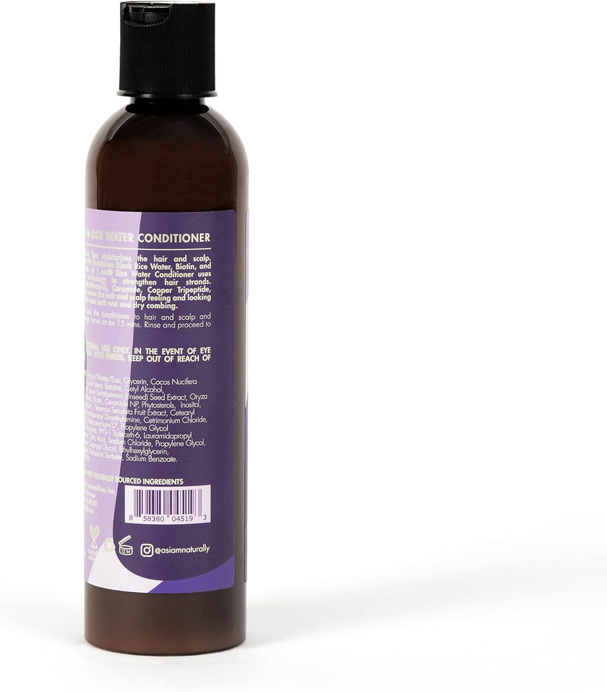 Die Rückseite einer braunen Flasche As I Am Rice Water Conditioner (237 ml) mit einem violetten Etikett mit Gebrauchsanweisung, Vorsichtsmaßnahmen und Zutatenliste.