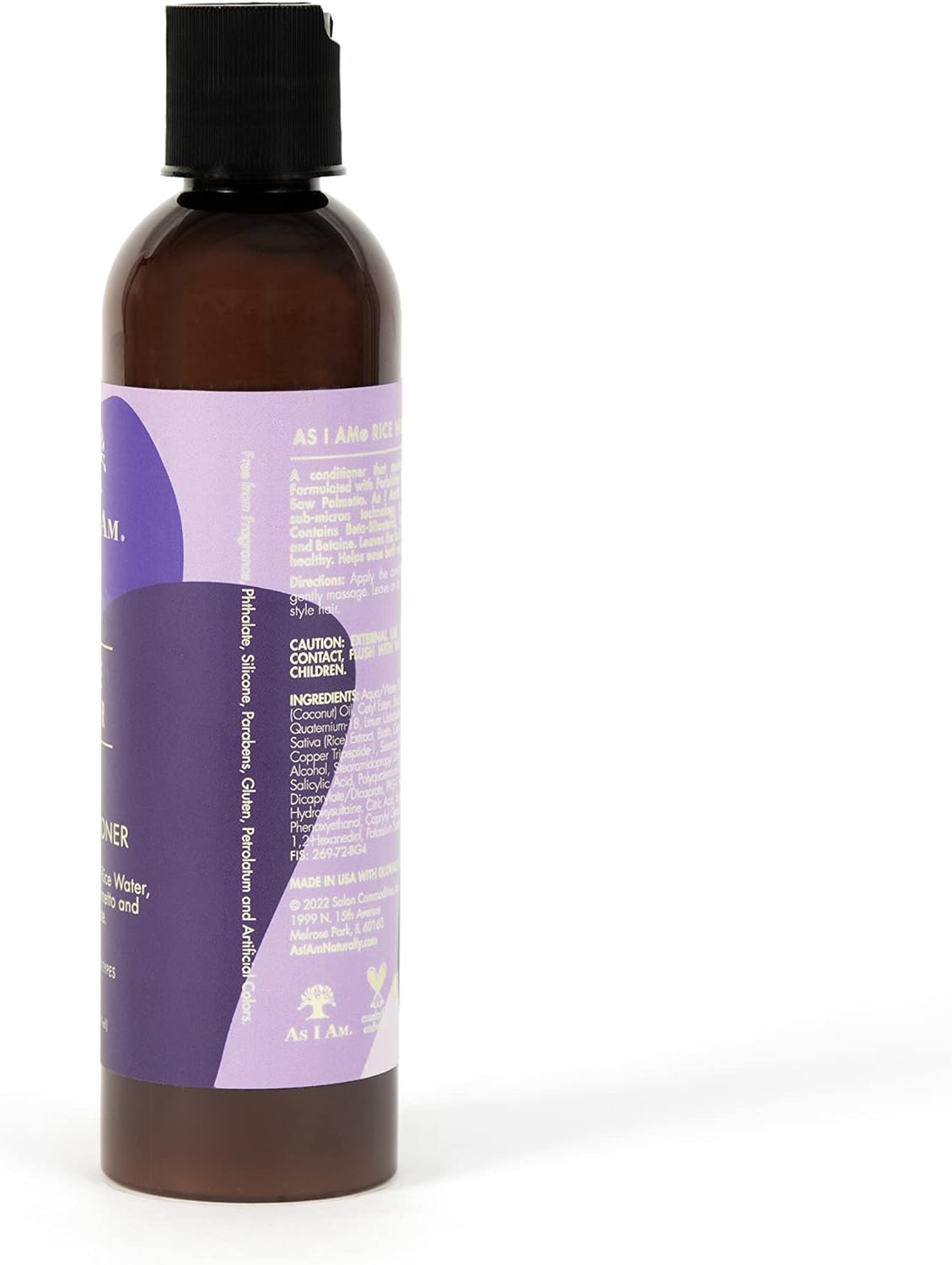 Die Seite einer braunen Flasche As I Am Rice Water Conditioner (237 ml) mit einem violetten Etikett mit Warnhinweisen und einem Teil der Zutatenliste.