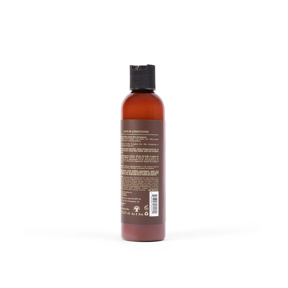 Innenseite einer Flasche As I Am Classic Leave-In Conditioner (237 ml) mit Produktinformationen und Zutatenliste.