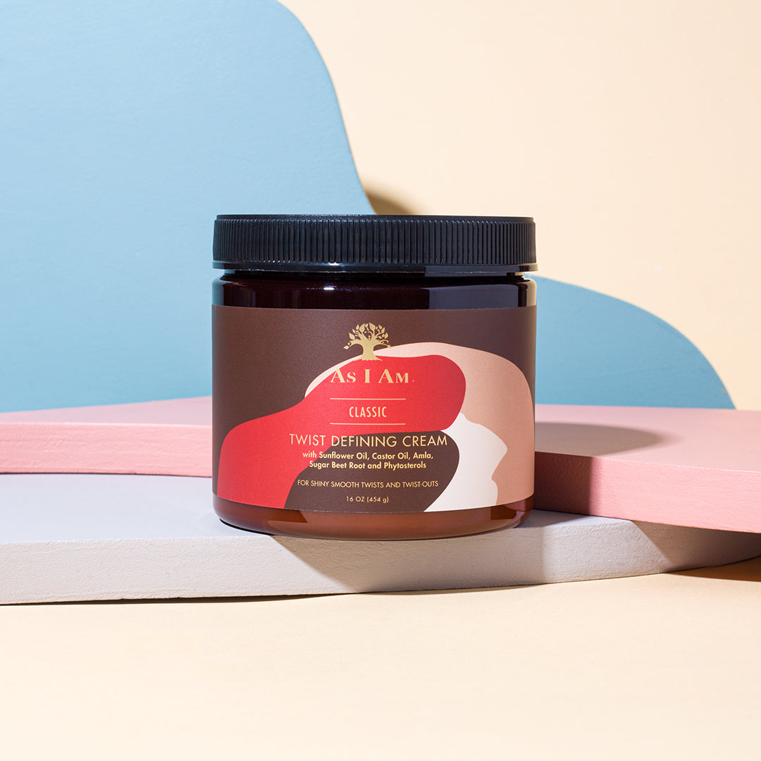 Behälter mit As I Am Classic Twist Defining Cream (454 g) mit Produktname, Inhaltsstoffen und Beschreibung.