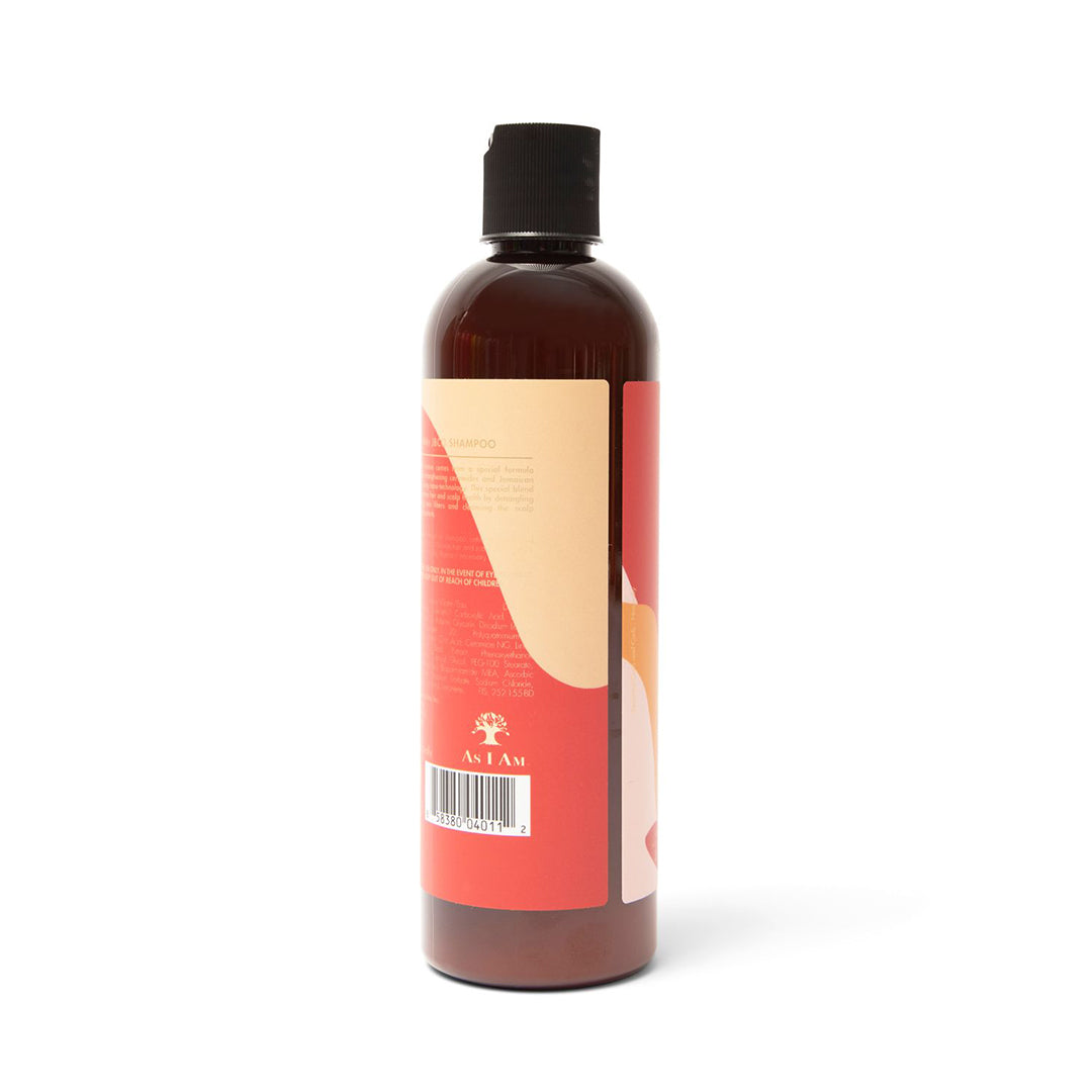 As I Am Jamaican Black Castor Oil Shampoo 355 ml. Eine braune Plastikflasche mit schwarzem Schraubverschluss. Auf der Flaschenseite sind Produktinformationen und Inhaltsstoffe angegeben.