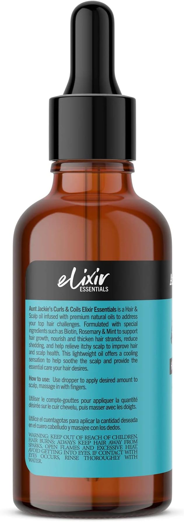 Aunt Jackie's Elixir Biotin Rosemary Hair and Scalp Oil, Rückseite einer braunen Glasflasche mit einer schwarzen Pipette.