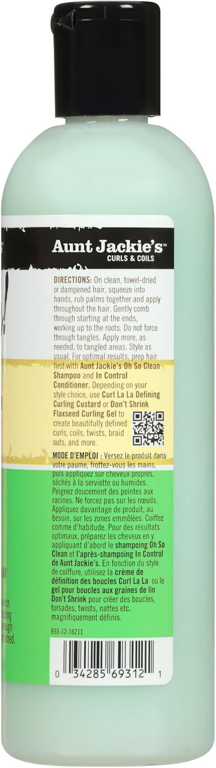 Die Rückseite einer Flasche Aunt Jackie's Quench Moisture Intensive Leave-In Conditioner mit schwarzem Verschluss.