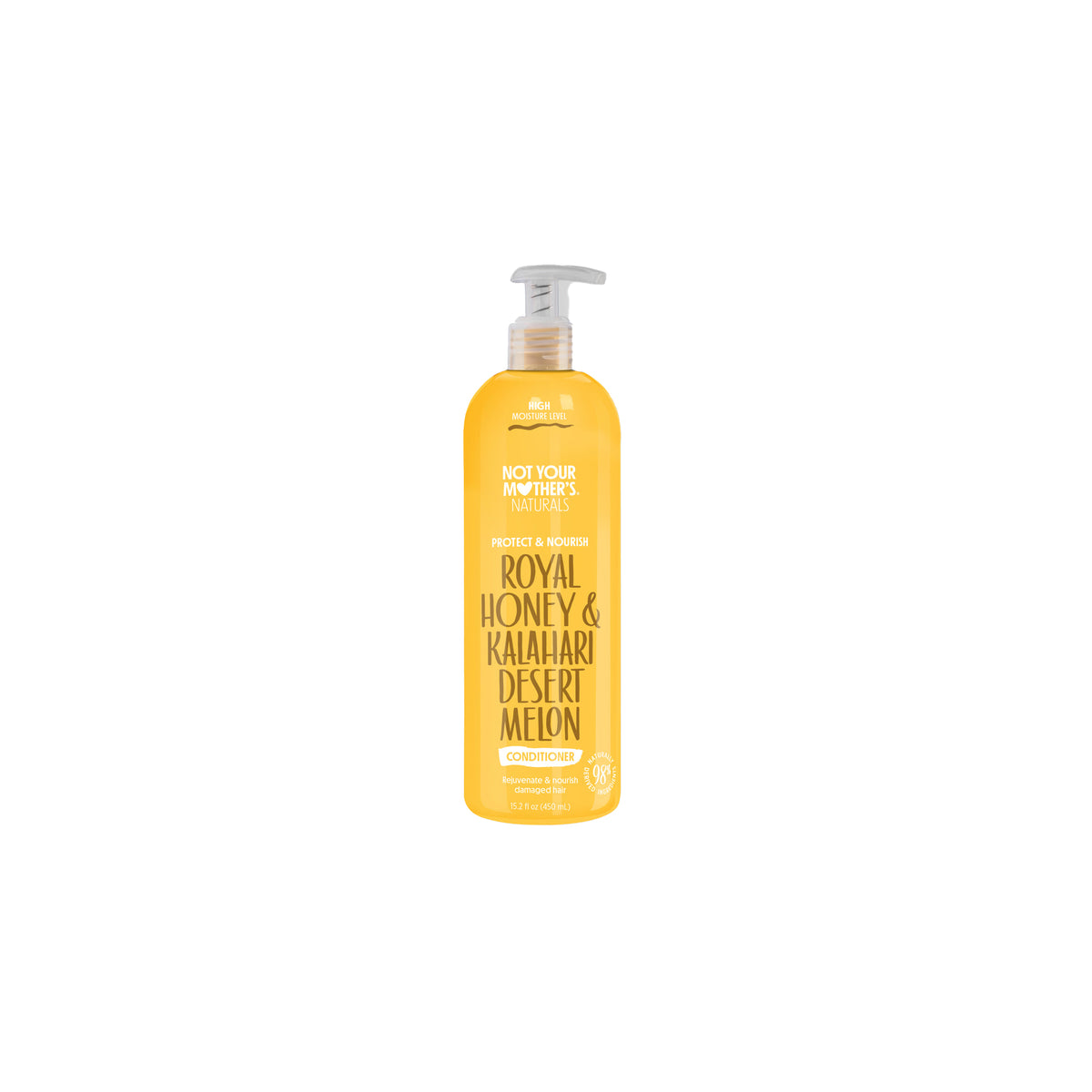 Orange/goldene, klare Pumpflasche mit Not Your Mother's Naturals Royal Honey & Kalahari Desert Melon Conditioner.