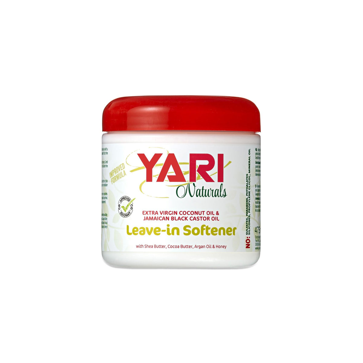 Yari Naturals Leave-in Weichspüler (475 ml). Weiße Plastikdose mit rotem Deckel. Enthält Kokosnussöl, jamaikanisches schwarzes Rizinusöl, Sheabutter, Kakaobutter, Arganöl und Honig. Frei von Sulfaten, Parabenen, Phthalaten, Silikonen, Propylenglykol und Mineralöl.