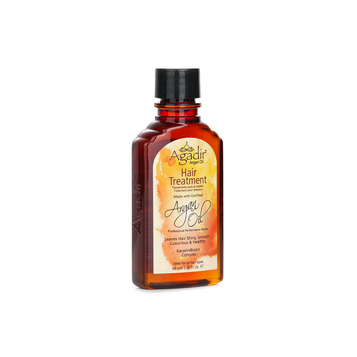 Seitenansicht einer braunen Glasflasche mit Agadir-Arganöl-Behandlung. Das Etikett zeigt das Produkt „Agadir Argan Oil Treatment“ und enthält Informationen zu den Vorteilen des Produkts, wie zum Beispiel, dass es dem Haar Glanz und Geschmeidigkeit verleiht.