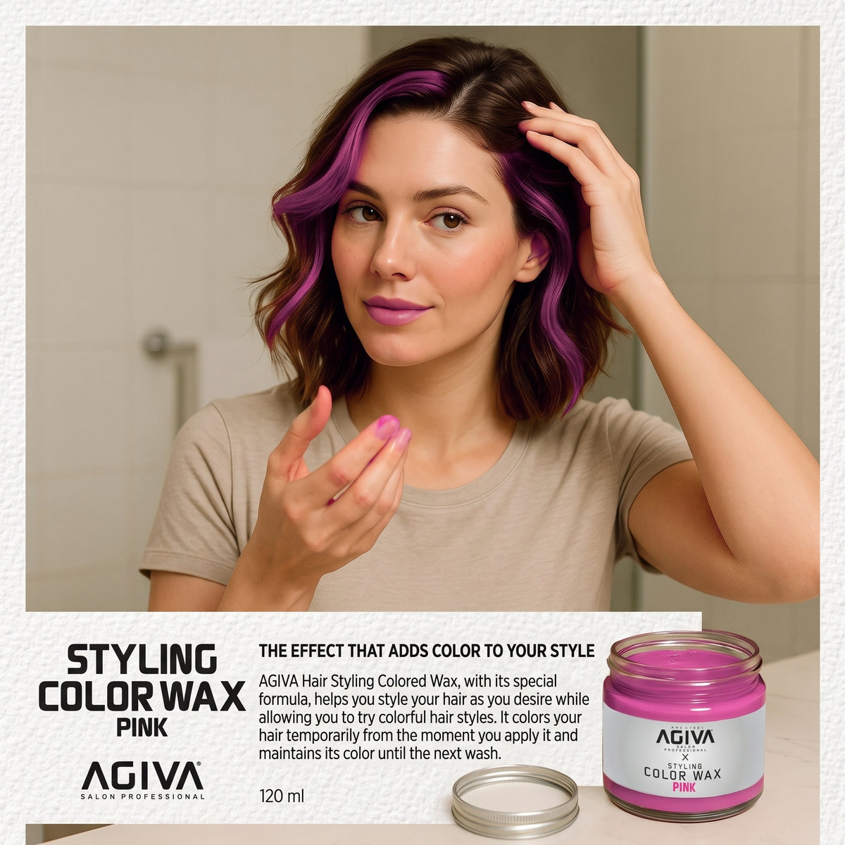 Frau mit braunen Haaren und rosa Strähnen trägt AGIVA Styling Color Wax Pink vor einem Spiegel auf.