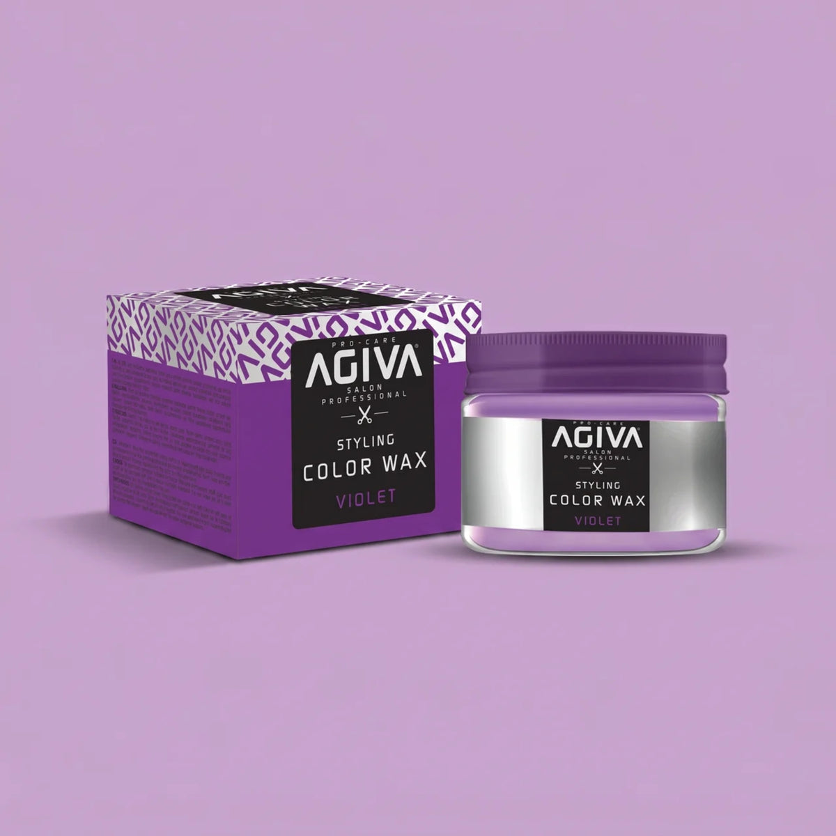 Agiva Styling Color Wax Violet in violetter Verpackung und Glas mit violettem Deckel auf hellviolettem Hintergrund.