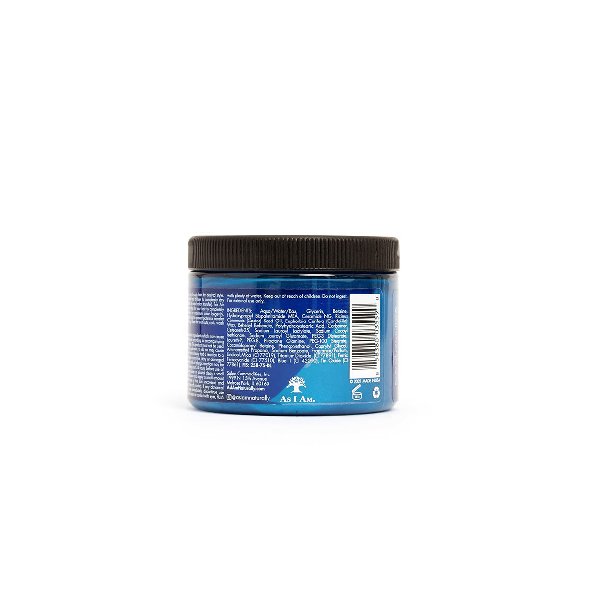 Auf der Rückseite des As I Am Curl Color Temporären Farbgels in Cool Blue sind Produktinformationen und Inhaltsstoffe zu sehen.