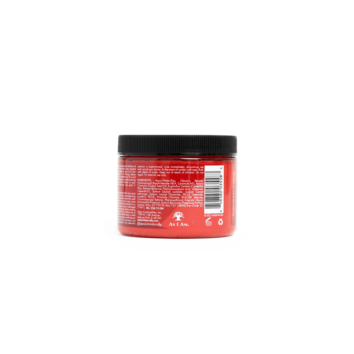 As I Am Curl Color Hot Red – Rückseite mit Inhaltsstoffen (Aqu/Water/Eau, Glycerin, Ceramide NG) und Sicherheitshinweisen.