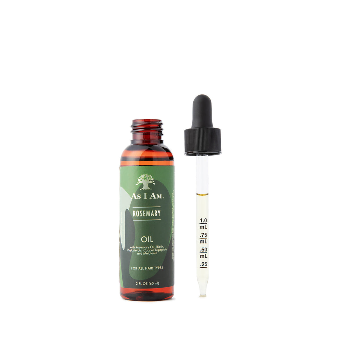 Eine Flasche As I Am Rosmarinöl (60 ml) steht neben einer mit Öl gefüllten Pipette vor einem weißen Hintergrund.