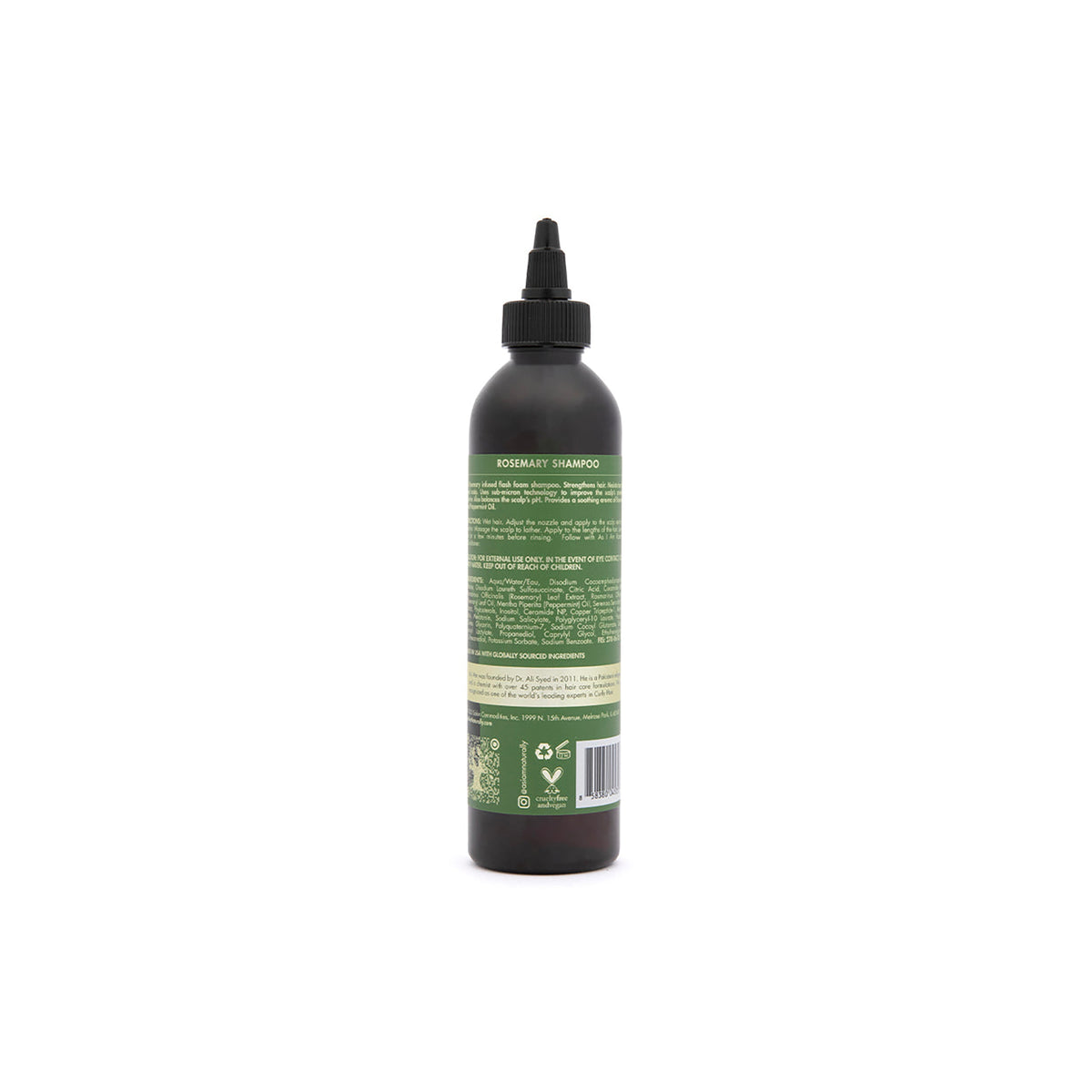 Die Rückseite einer Flasche As I Am Rosemary Shampoo (237 ml) mit Zutatenliste, Gebrauchsanweisung und zusätzlichen Produktinformationen.