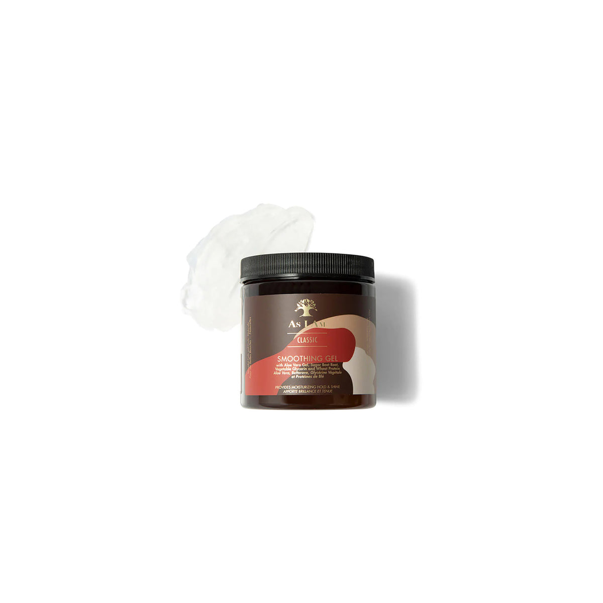 As I Am Classic Smoothing Gel (227 g) mit einem Klecks des weißen Gels daneben, um die Konsistenz des Produkts zu zeigen.