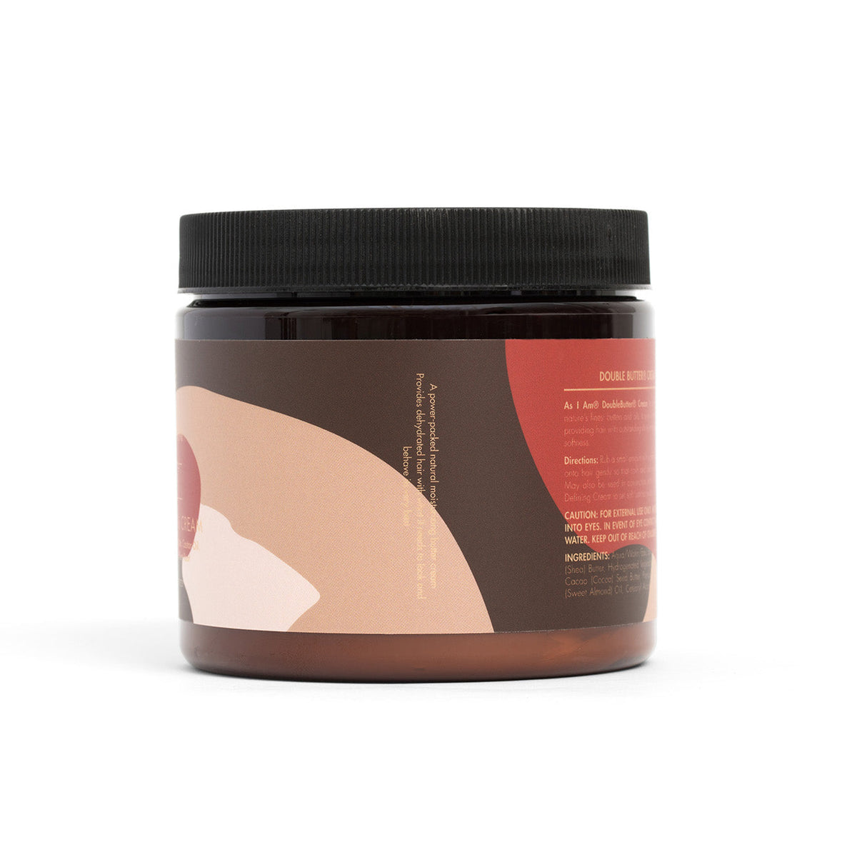 Rückseite einer braunen Dose aus Kunststoff mit schwarzem Deckel. Das Glas enthält As I Am DoubleButter Cream und hat ein braunes Etikett mit gelber Aufschrift. Das Etikett enthält Produktinformationen wie Inhaltsstoffe und Gebrauchsanweisungen.