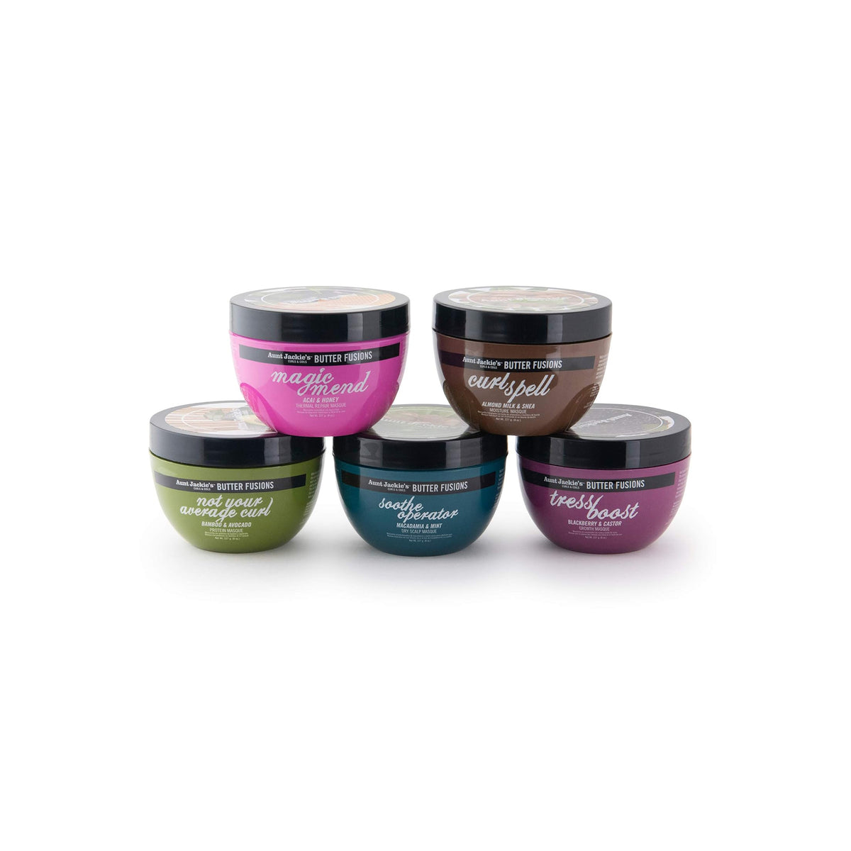 Aunt Jackies Butter Fusions-Sortiment: „Not Your Average Curl“, „Sootherator“, „Tressboost“, „Magic Mend“ und „Curlspell“.