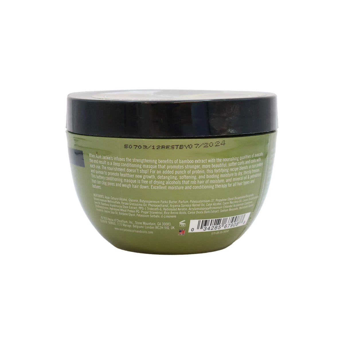Rückseite von Aunt Jackie's Butter Fusions – Nicht Ihre durchschnittliche Curl-Bambus- und Avocado-Proteinmaske mit Zutatenliste und Informationen.