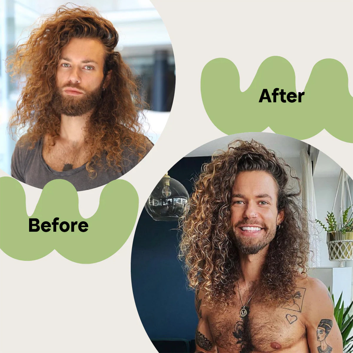 Mann mit langen lockigen Haaren vor und nach der Verwendung von Bali Curls Rosmarin Grow Tonic – sichtbar gesündere und definiertere Locken.