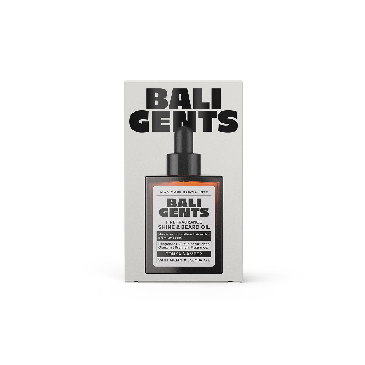 Bali Gents Bartöl 30 ml in eleganter brauner Glasflasche mit Tropfer und schwarz-weißer Verpackung mit klarem Produkttext.