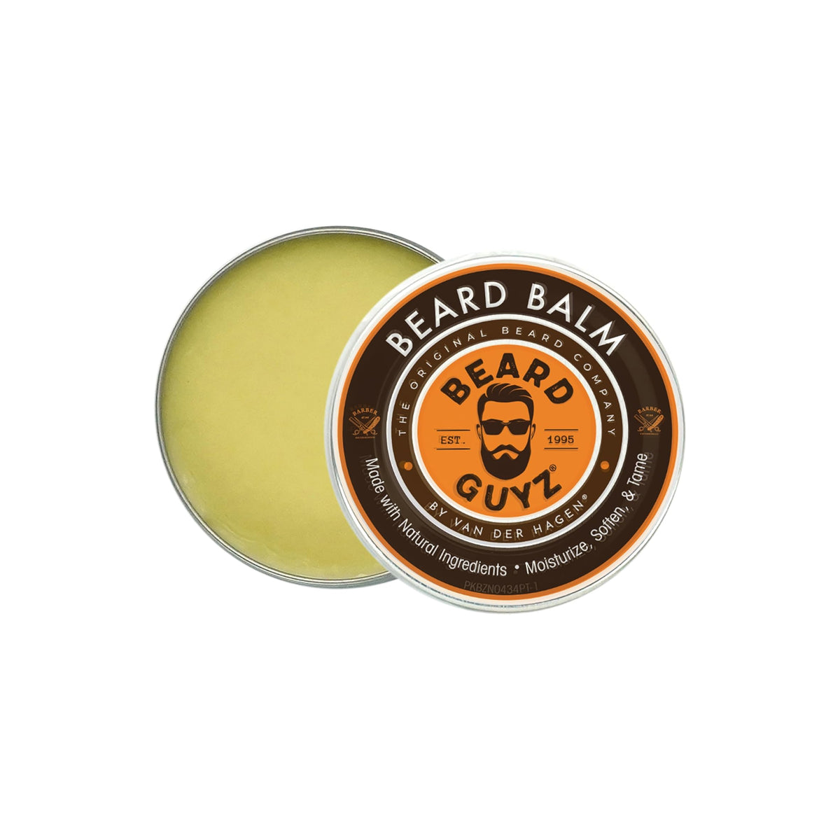 Runde Dose Bartpflegebalsam von Beard Guyz. Der Balsam ist gelb und hat ein schwarzes Etikett mit Produktinformationen.