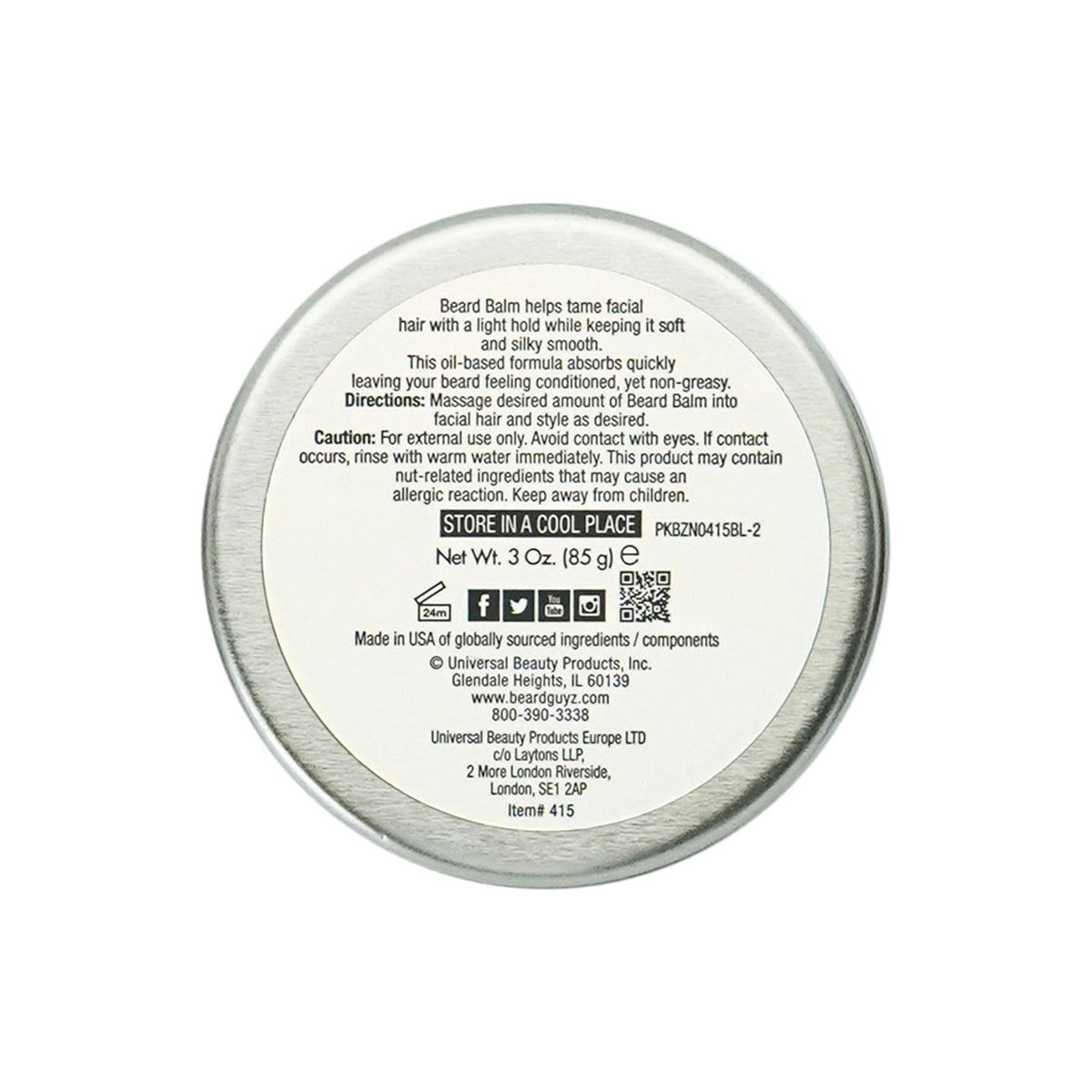 Weiße Dose mit schwarzem Schriftzug, die den Bartpflege-Conditioner von Beard Guyz enthält. Die Dose zeigt Produktinformationen wie Inhaltsstoffe, Verwendung und Warnhinweise an.