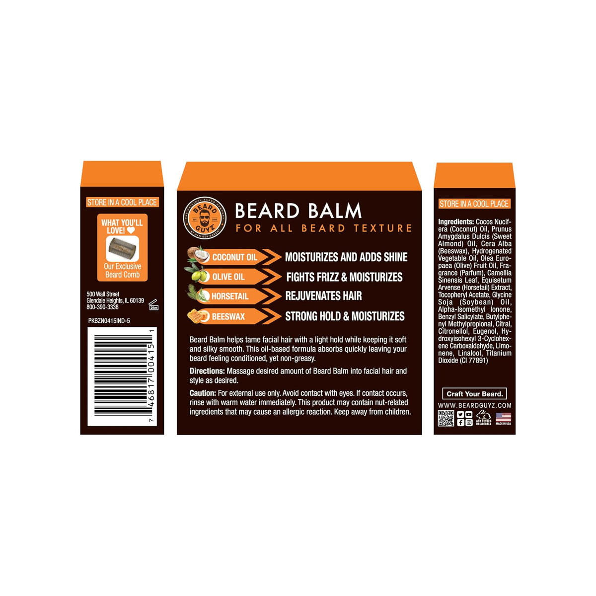 Verpackung mit orangefarbenen Details, die die Vorder- und Rückseite einer Bartspülung von Beard Guyz zeigen. Auf der Vorderseite werden der Produktname und die Symbole der Inhaltsstoffe angezeigt, während auf der Rückseite Produktinformationen wie eine Zutatenliste und Gebrauchsanweisungen enthalten sind.