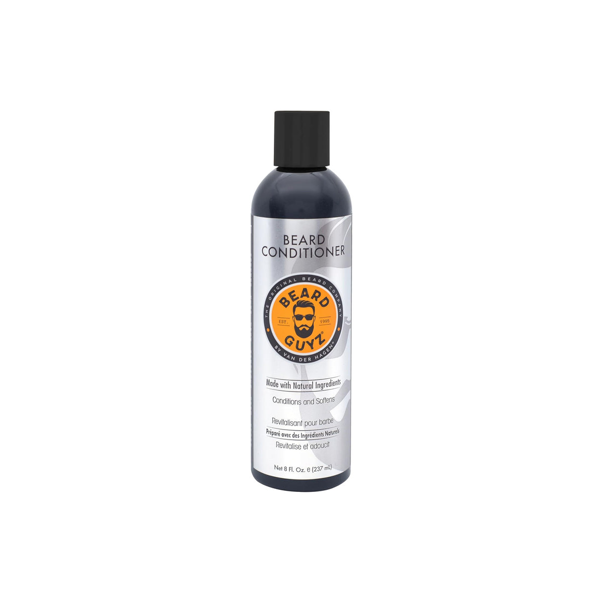 Schwarze Plastikflasche mit Beard Guyz Bartbalsam. Die Flasche hat einen schwarzen Schraubverschluss und ein weißes Etikett mit Produktinformationen.