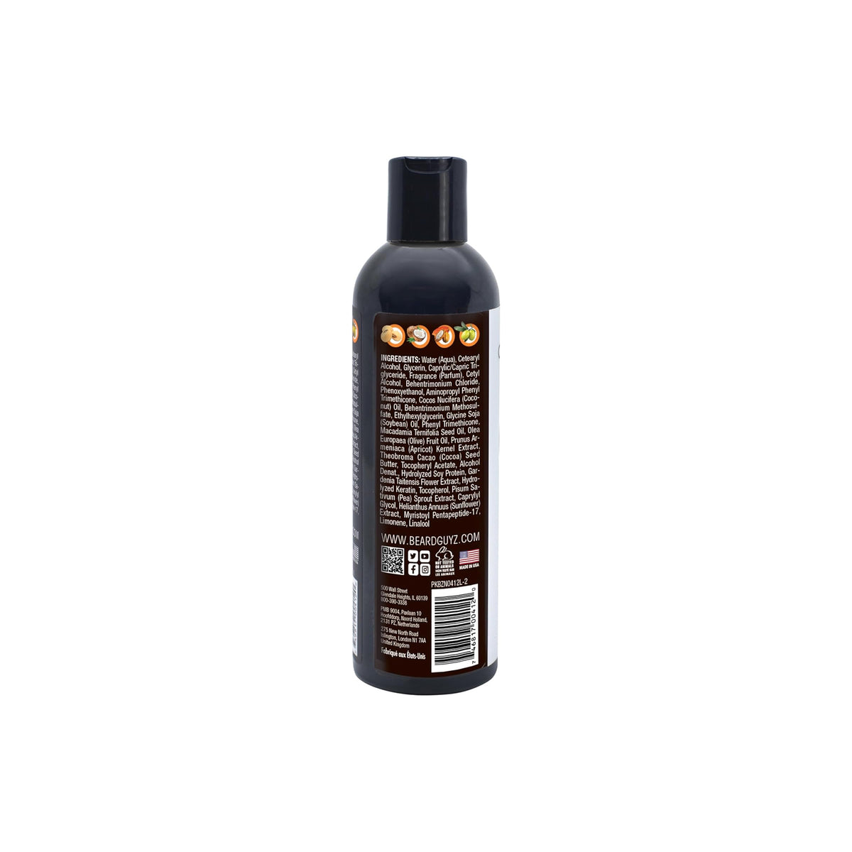 Schwarze Plastikflasche mit Beard Guyz Bartbalsam. Die Flasche hat einen schwarzen Schraubverschluss und ein weißes Etikett mit Produktinformationen, einschließlich Zutatenliste und Gebrauchsanweisung.