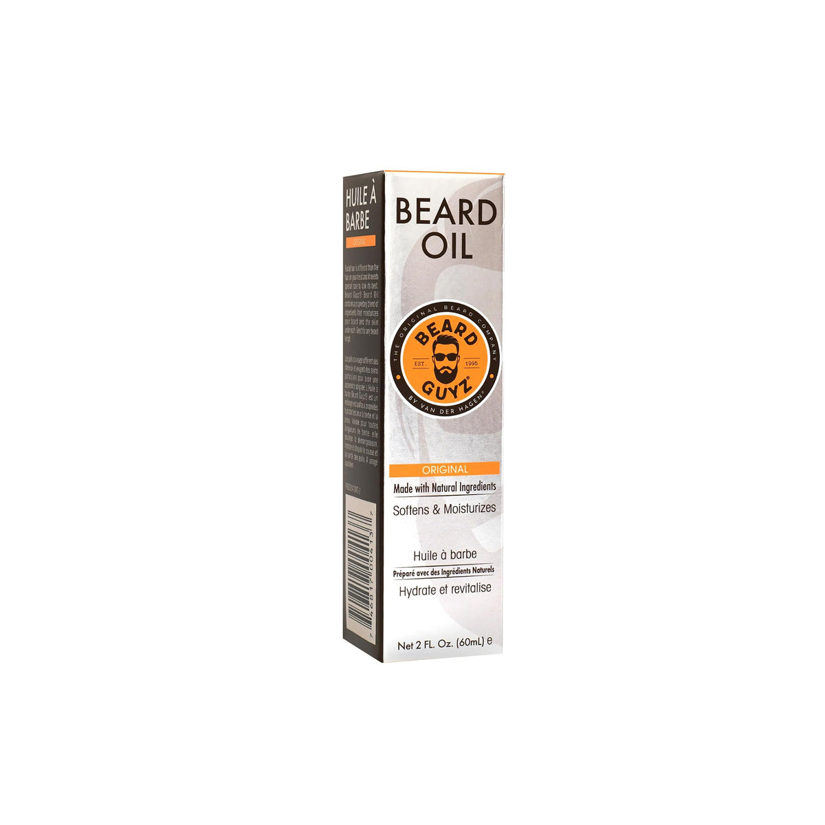 60 ml Flasche Beard Guyz Original Bartöl. Das Produkt ist in einer grauen Verpackung mit schwarzen und orangefarbenen Illustrationen verpackt.