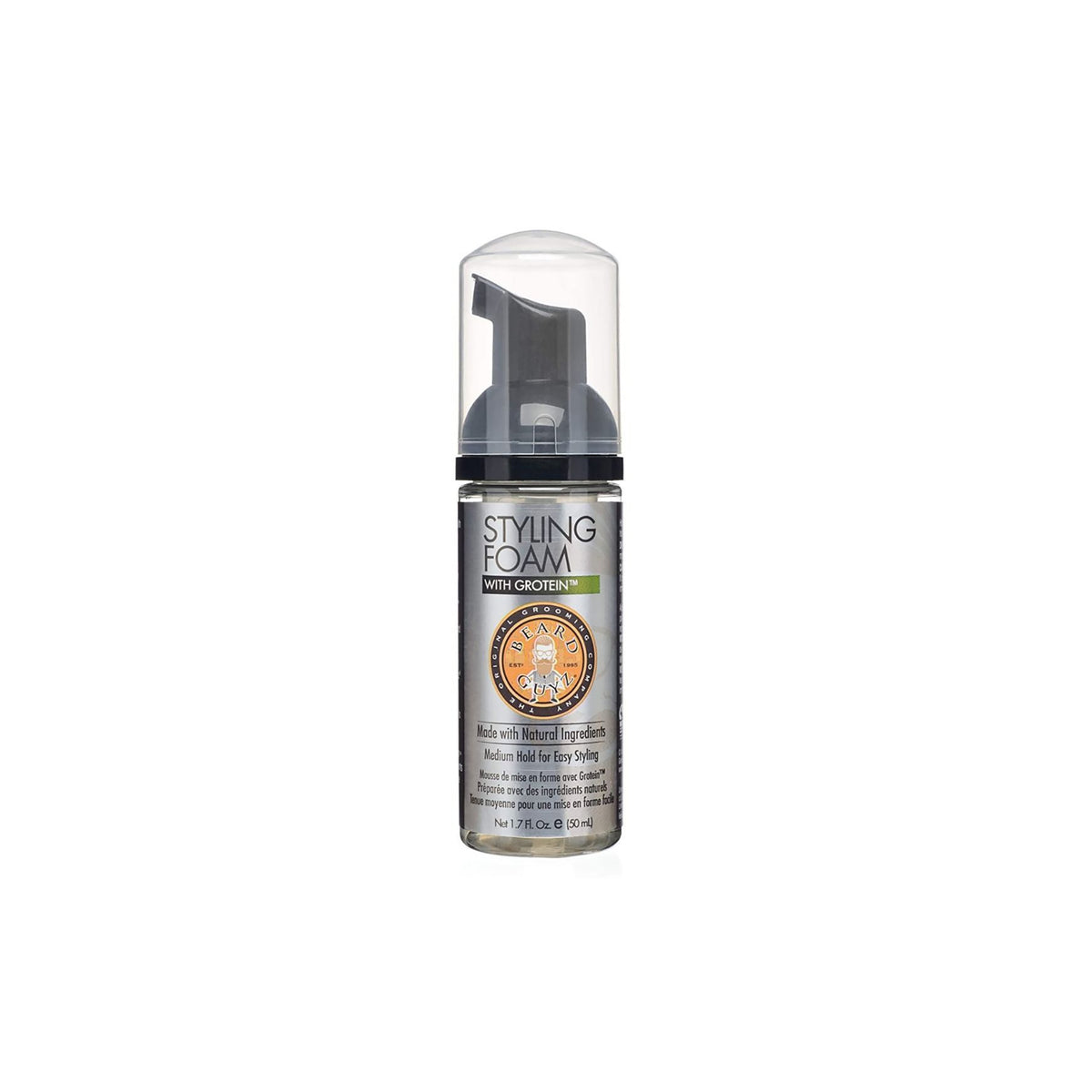 50-ml-Schaumflasche mit Beard Guyz-Stylingschaum für Bärte. Das Produkt dient zum Stylen und Formen des Bartes und ist mit natürlichen Inhaltsstoffen angereichert.