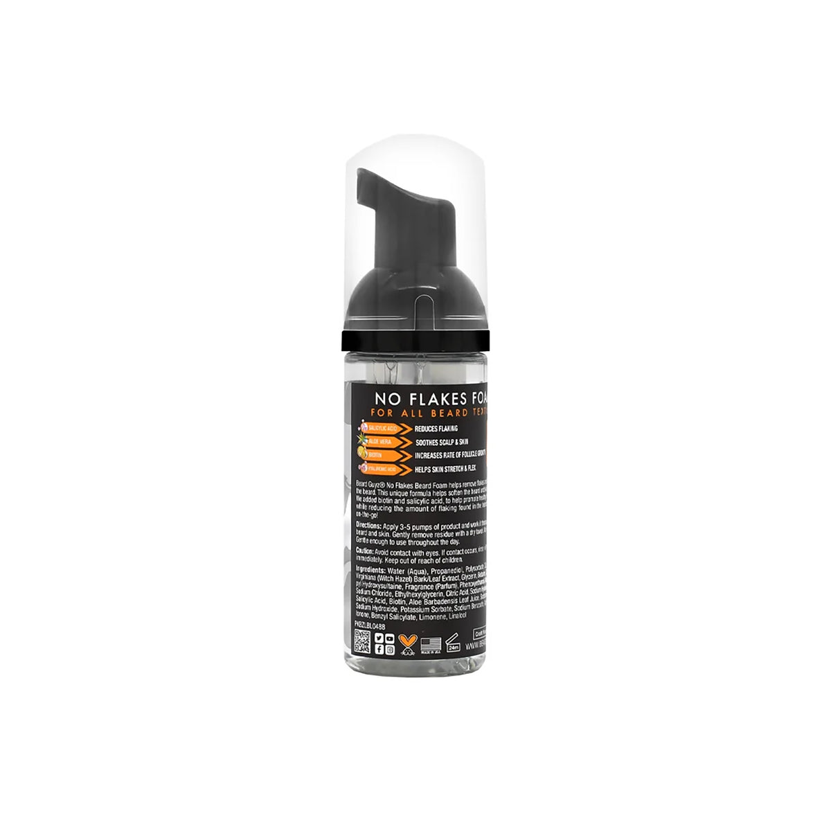 Die Rückseite einer Schaumflasche mit Beard Guyz Stylingschaum. Die Flasche hat einen schwarzen Deckel und ein weißes Etikett mit Produktinformationen, einschließlich Inhaltsstoffen und Gebrauchsanweisungen.