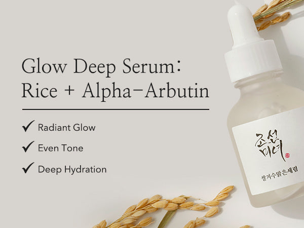 Beauty Of Joseon Glow Deep Serum Rice + Alpha-Arbutin 30 ml in klarer Flasche mit weißer Pipette neben Reisstroh auf hellem Hintergrund.