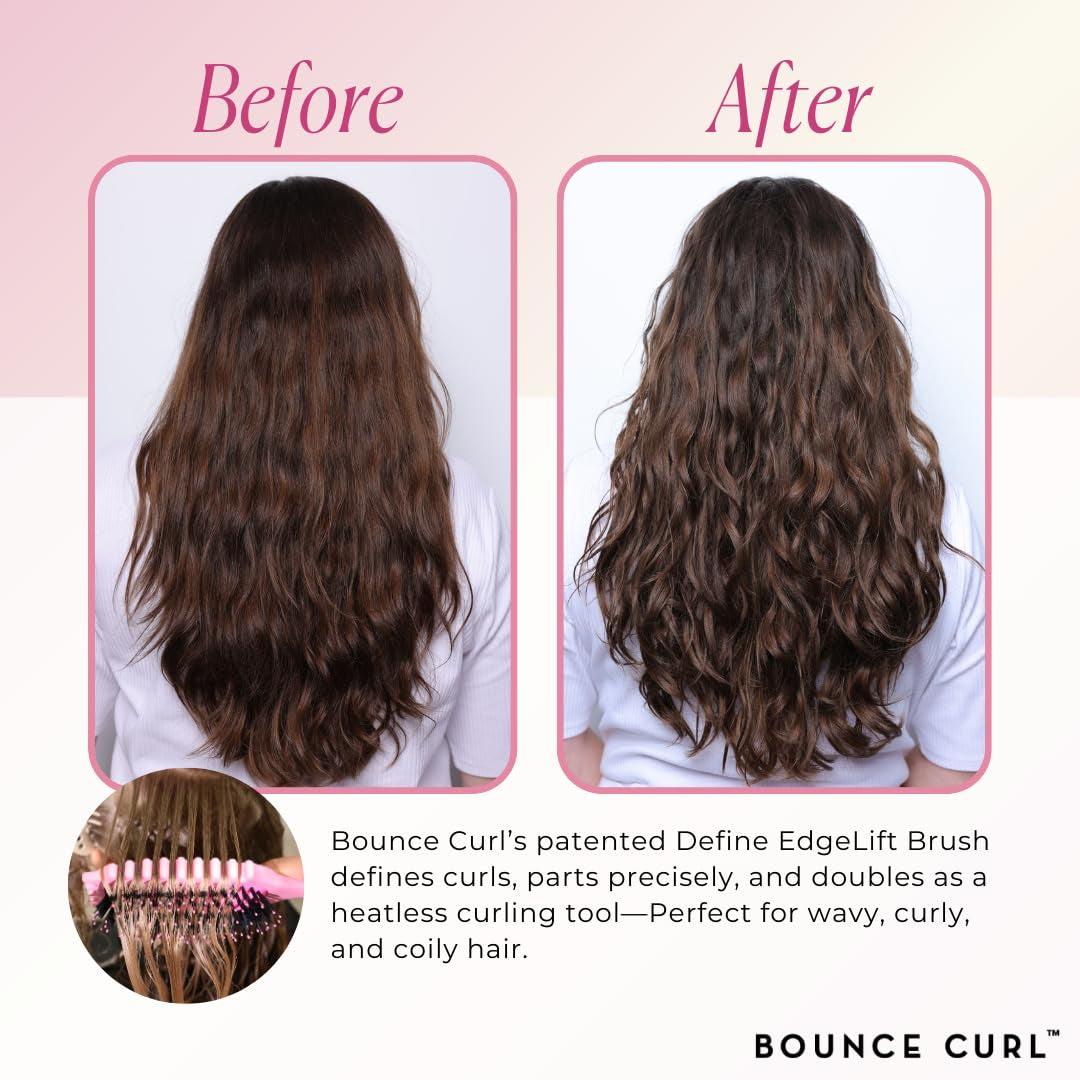 Vorher-Nachher-Bild definierter Locken, die mit Bounce Curl Define EdgeLift Brush Tan auf langem braunem Haar erstellt wurden.