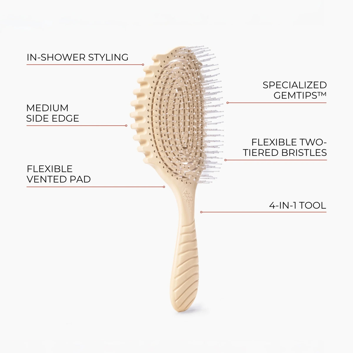 Beigefarbene Haarbürste mit GemTips-Borsten, belüftetem Kissen und gewelltem Griff – 4-in-1-Gerät für das Styling unter der Dusche.