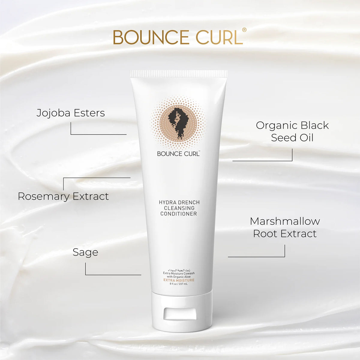 Bounce Curl Hydra-Drench Cleansing Conditioner 237 ml auf weißem, cremefarbenem Hintergrund mit Noten natürlicher Inhaltsstoffe.