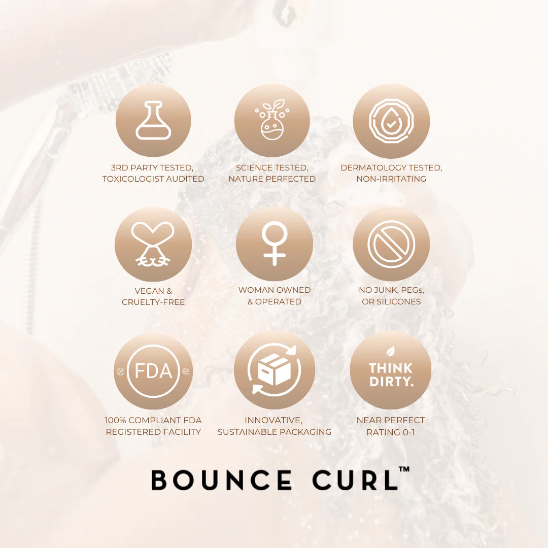 Symbole heben die veganen, silikonfreien und dermatologisch getesteten Formeln von Bounce Curl Light Oil 100 ml hervor.