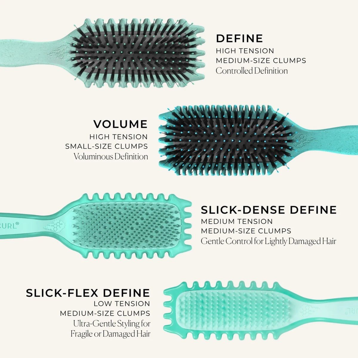 Leitfaden für Bounce Curl-Haarbürsten: Vergleich von Define-, Volume-, Slick-Dense- und Slick-Flex-Bürsten basierend auf Spannung und Lockengröße für verschiedene Haartypen.