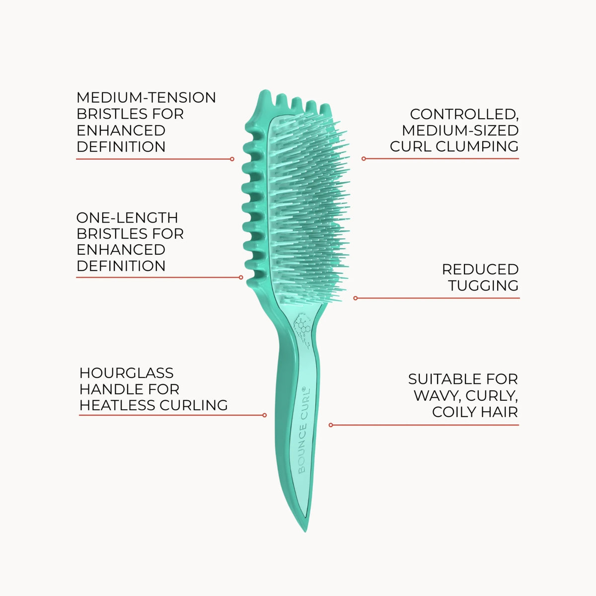 Bounce Curl Slick-Dense Define EdgeLift Brush Infografik: Eine Stylingbürste mit mittlerer Spannung zum Definieren von welligem, lockigem und lockigem Haar und sorgt für eine kontrollierte Sammlung von Locken.