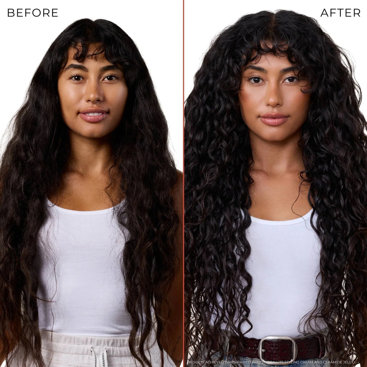 Vorher-Nachher-Vergleich, der die Haartransformation mit lockigem Pony und verbesserter Wellendefinition unter Verwendung von Stylingcreme und Ceramid-Gelee zeigt.