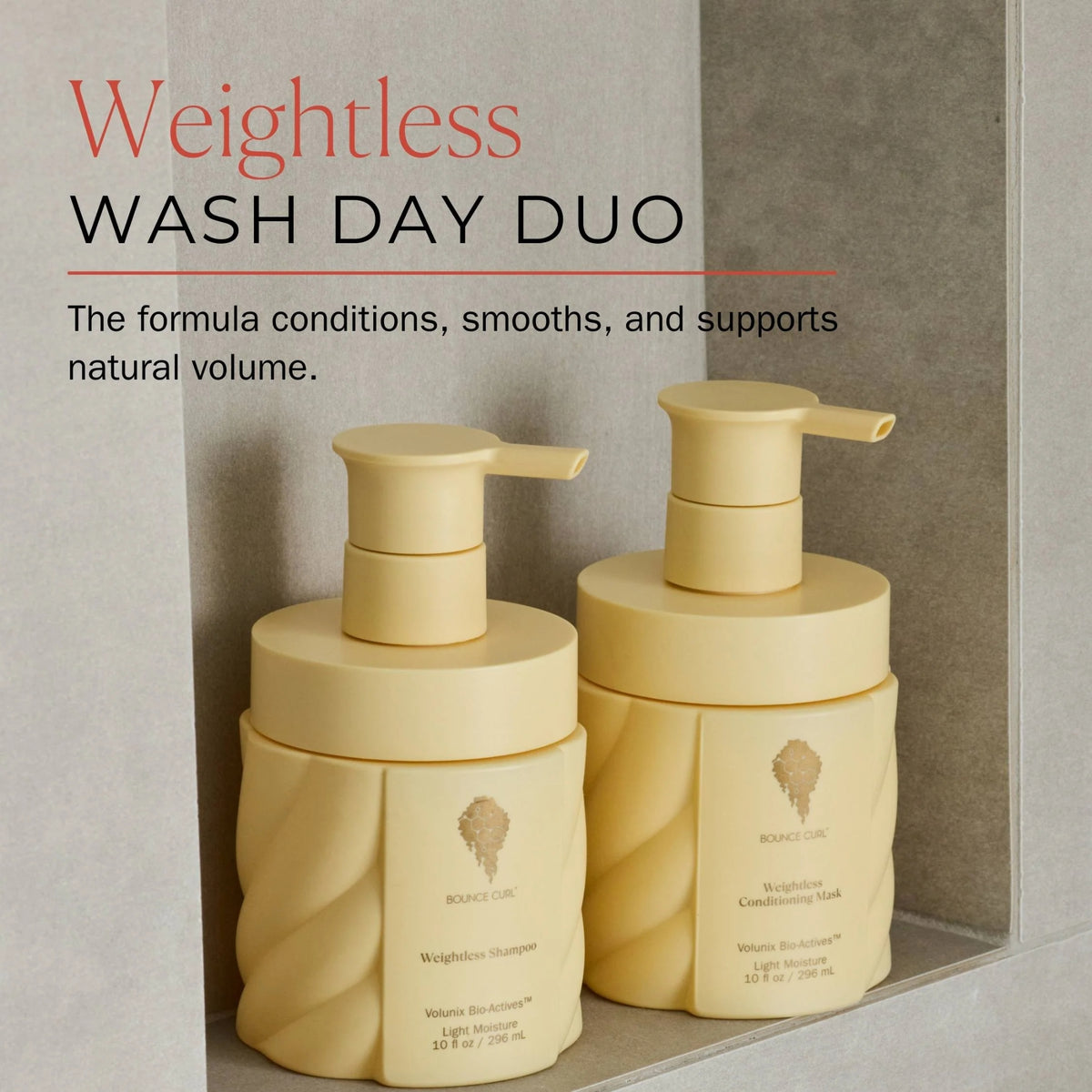 Weightless Wash Day Duo mit gelbem Shampoo und Pflegemaske von Bounce Curl, entwickelt für natürliches Volumen und leichte Feuchtigkeit.