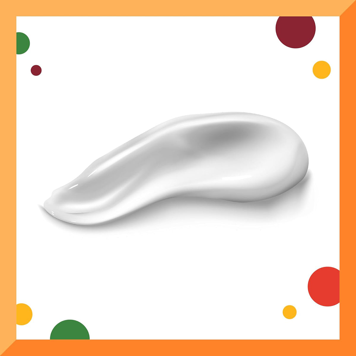 Ein weißer, cremiger Klecks Cantu For Kids Styling Custard auf weißem Hintergrund mit orangefarbenem Rand und farbigen Kreisen in den Ecken.