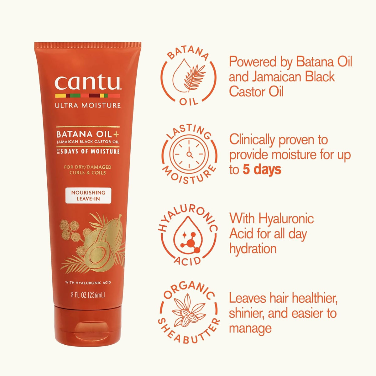 Cantu Ultra Moisture Batana Oil Leave-in-Creme in orangefarbener Tube mit Symbolen aus Batanaöl, Feuchtigkeit, Hyaluronsäure und Sheabutter.