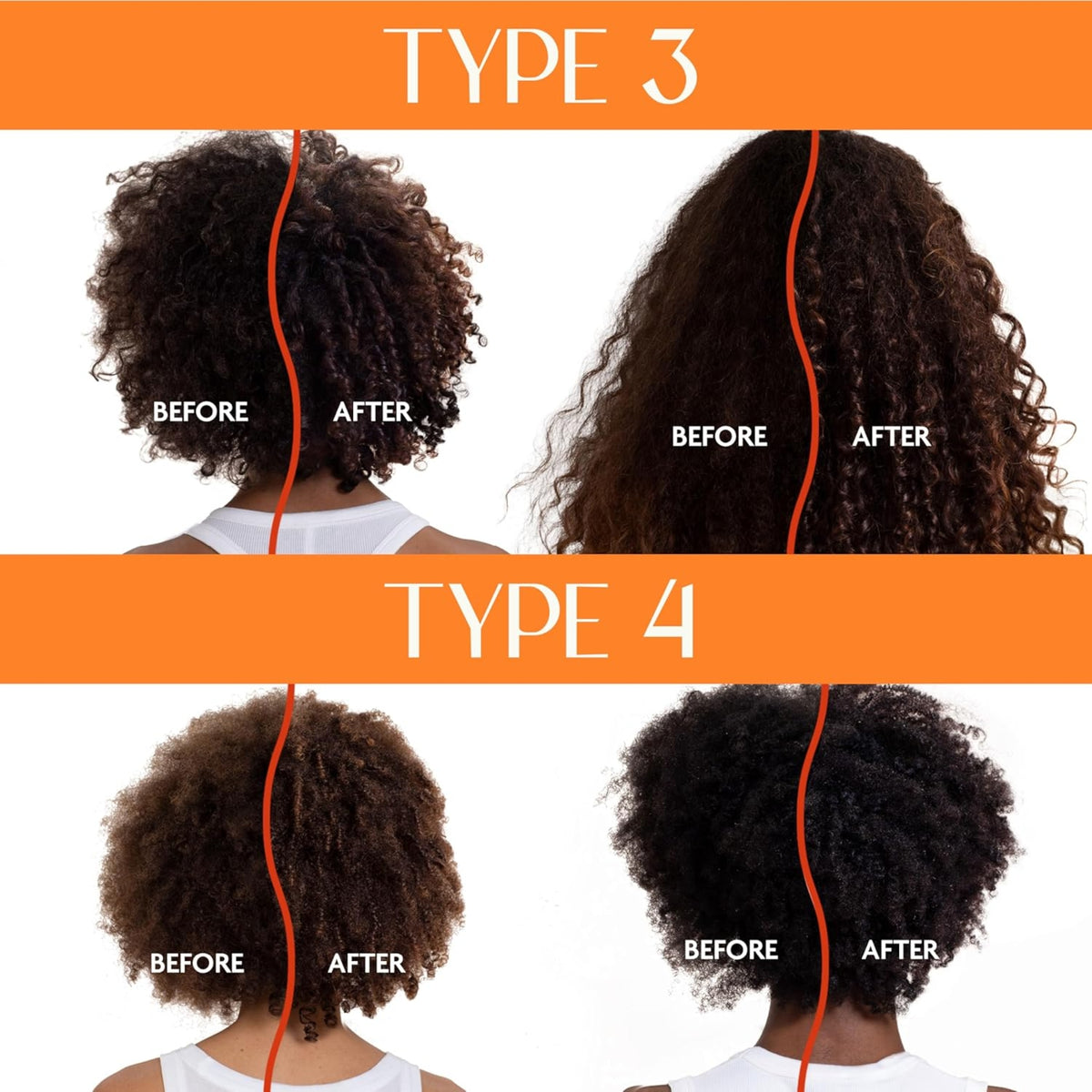 Vorher-Nachher-Vergleich von lockigem Haar Typ 3 und Typ 4 zeigt deutlich definiertere und feuchtere Locken nach der Anwendung.