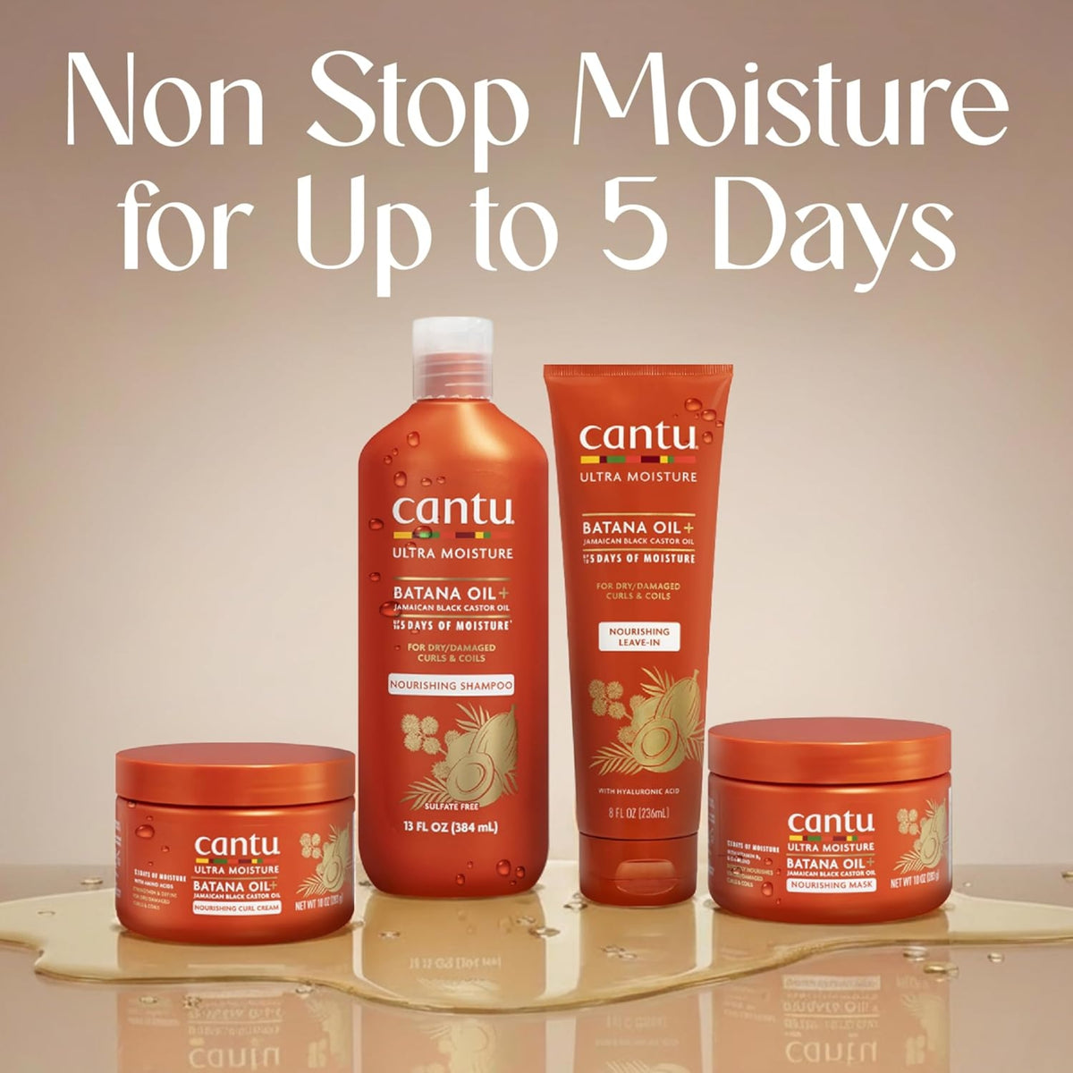 Cantu Ultra Moisture Batana Oil Set mit Shampoo, Leave-in, Lockencreme und Maske – Non Stop Moisture für 5 Tage.