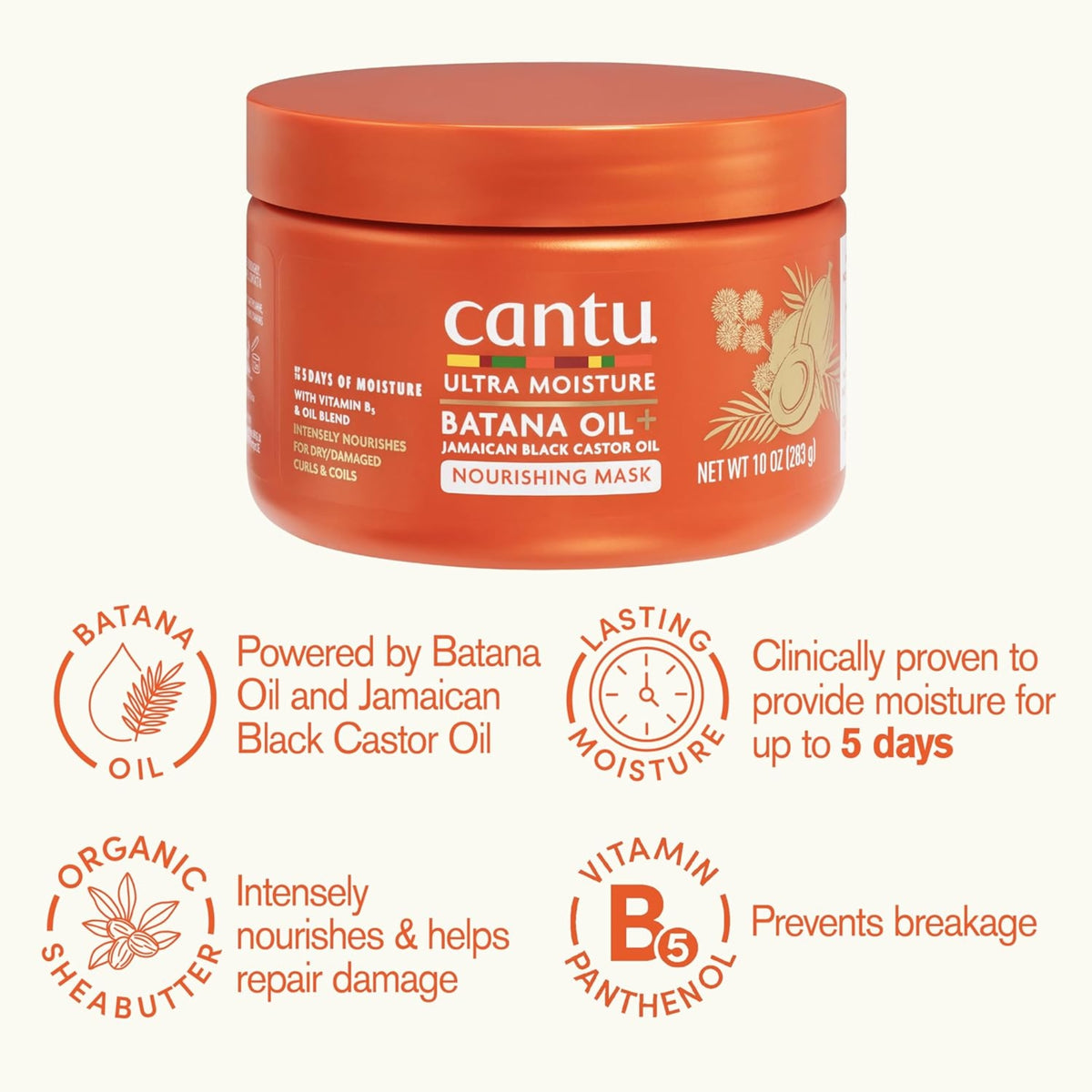 Cantu Ultra Moisture Batana Oil Pflegemaske in Orangendose mit Symbolen für Sheabutter, Vitamin B5 und Feuchtigkeit für 5 Tage.