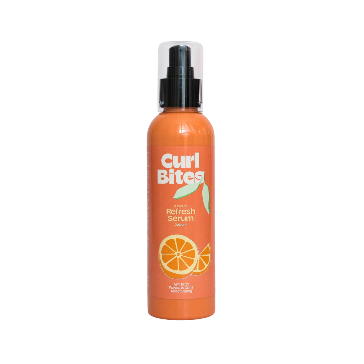 Curl Bites 2 Minute Refresh Serum, orangefarbene Pumpflasche mit orangefarbener Illustration, Anti-Frizz-Haarserum.