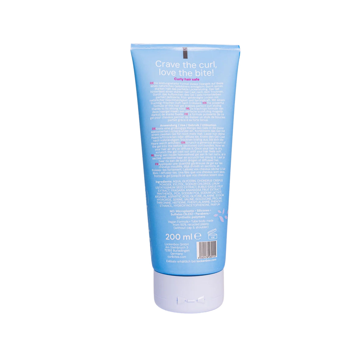 Blaue Tube Haargel 200 ml mit weißem Deckel, Rückseite mit Gebrauchsanweisung und Inhaltsstoffen von Curl Bites.
