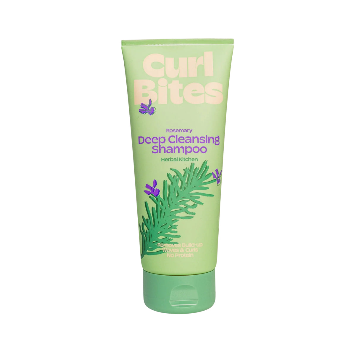 Curl Bites Rosemary Deep Cleansing Shampoo in grüner Tube mit Rosmarinillustration und grüner Kappe.