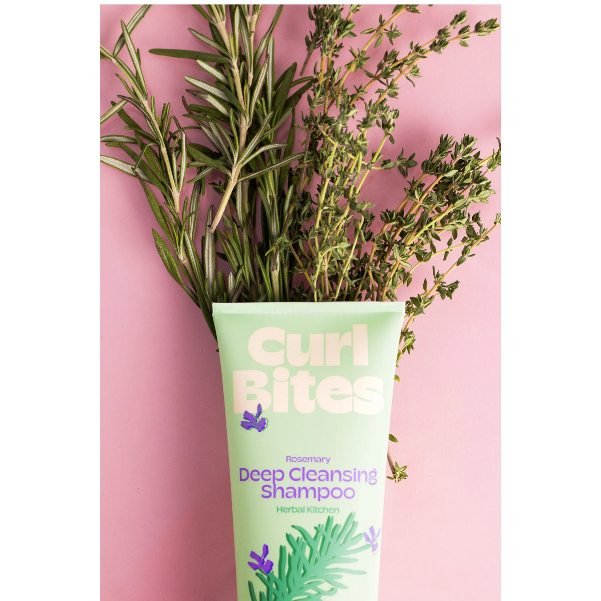 Curl Bites Rosemary Deep Cleansing Shampoo in der Tube, umgeben von frischen Rosmarin- und Thymianzweigen auf rosa Hintergrund.