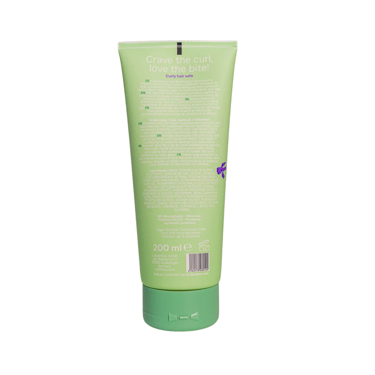 Grüne Tube Curl Bites sulfatfreies Shampoo, 200 ml, mit grünem Deckel und Produktinformationen auf der Rückseite.