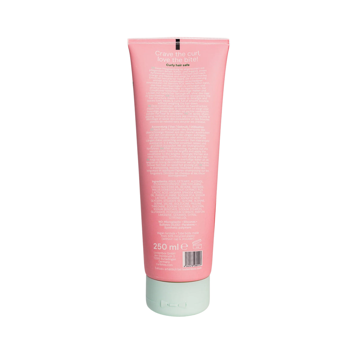 Rückseite der Curl Bites Conditioner Tube, 250 ml, im rosa Design mit hellgrünem Schraubverschluss und Produktinformationen.